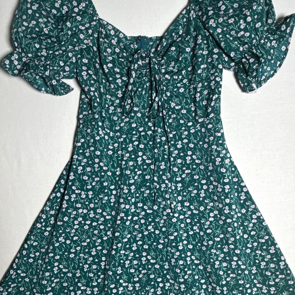 SHEIN Green Floral Square Neck Puff Sleeve Mini Dress XS Cottagecore Milkmaid